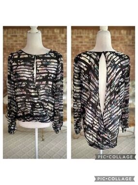 Bar III Black Floral High Low Open Striped Top S Cocktail Edgy Boho